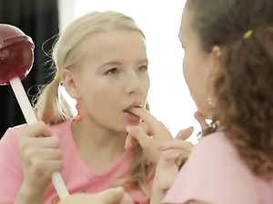 Pigtailed Teen Girlfriends Share A Lollipop And Finger Pussy